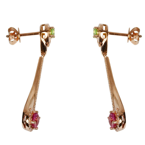 14k Gold Pink Sapphire, Mint Garnet & Diamond Earrings