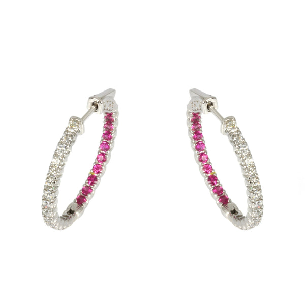 14k Gold Pink Sapphire & Diamond Inside Out Hoop Earrings