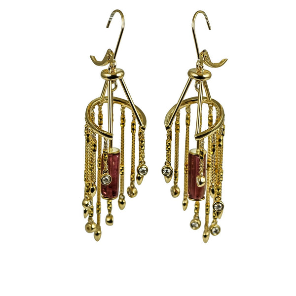 18k Gold Pink Tourmarline Chandelier Gemstone Earrings