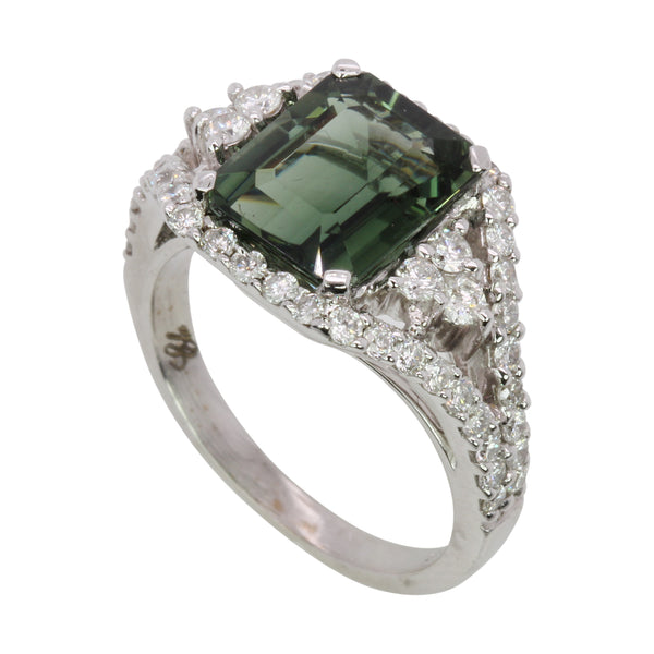 14k Gold Green Tourmaline & Diamond Fancy Ring