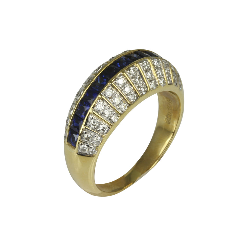 18k Two Tone Gold Blue Sapphire & Diamond Art Deco Ring