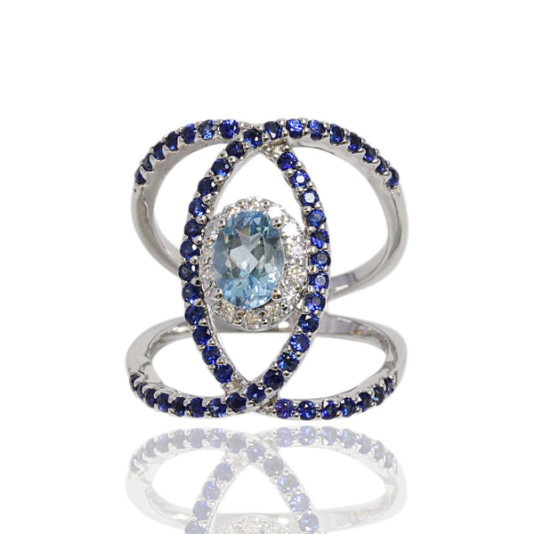 14k Gold Aqua, Blue Sapphire, & Diamond Ring