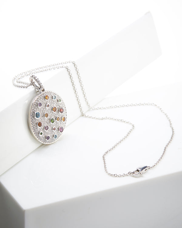 Plated SS Multi-colored Disk Pendant Necklace
