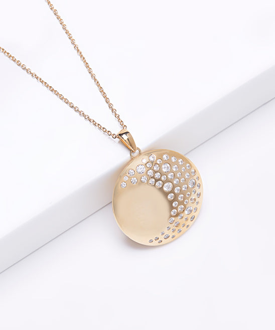Plated SS & Cz Round Cut Burnished Moon Necklace