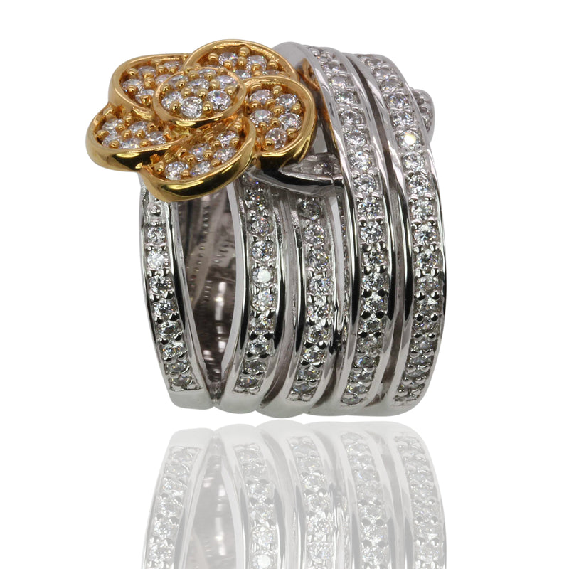 SS Two Tone CZ Floral Station & Wrap Band Ring