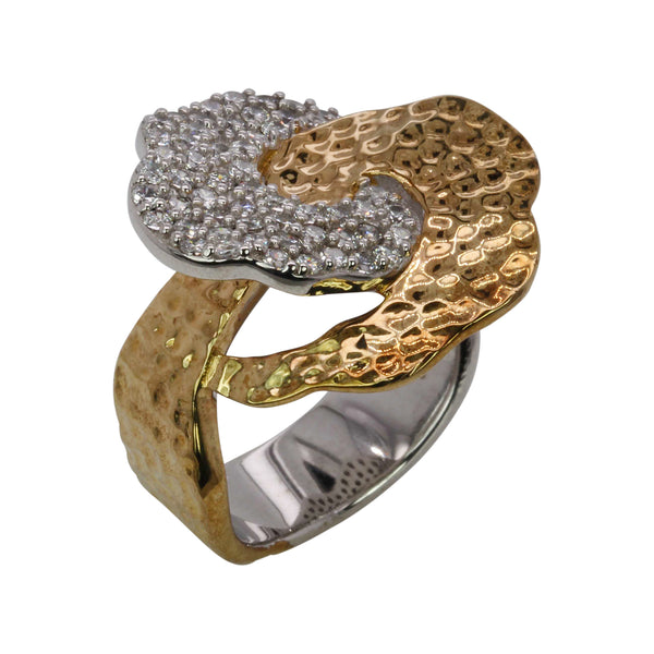 SS & CZ Two-Toned Hammered Texture Ring