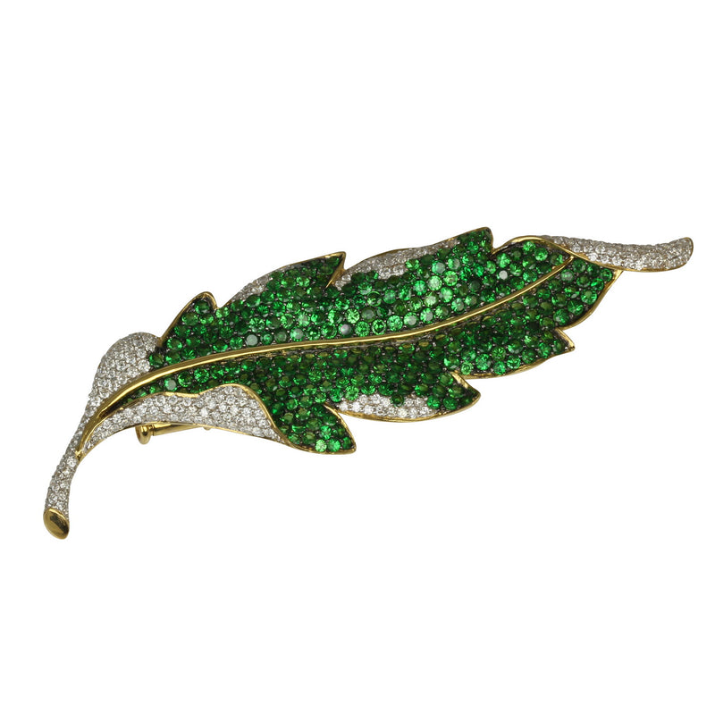 18k Gold 3 3/16'' Tsavorite & Diamond Leaf Brooch