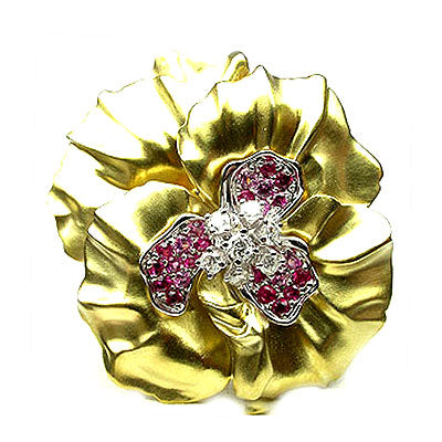 18k Ruby & Pink Sapphire Flower Brooch