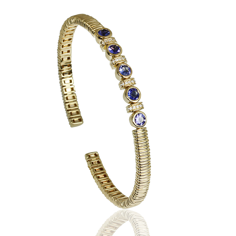 14k Gold Blue Sapphire & Diamond Wire Texture Flex Bracelet