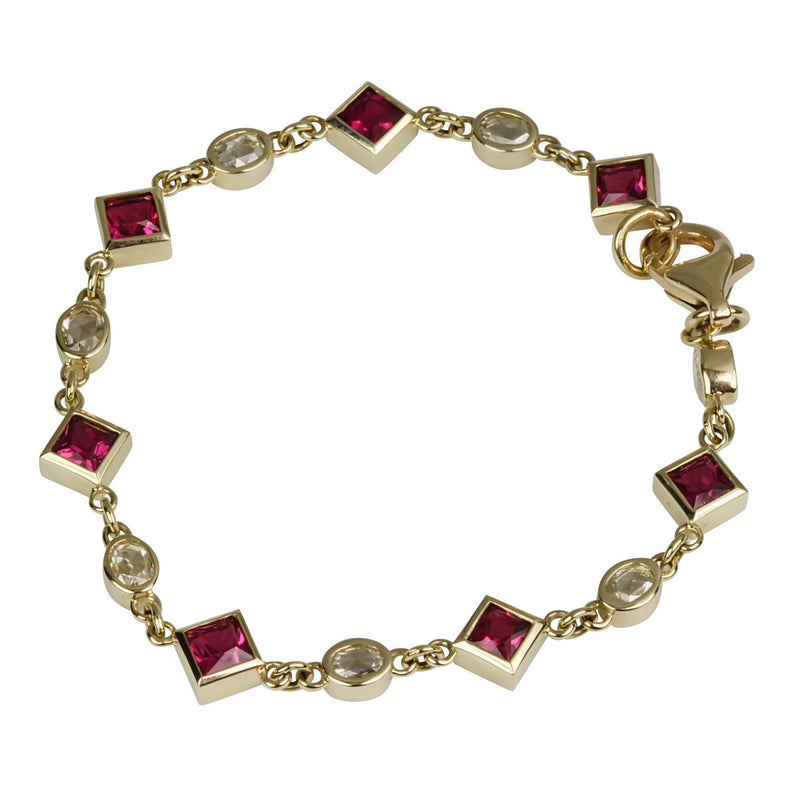 14k Gold Rubellite & Diamond Chain Link Bracelet