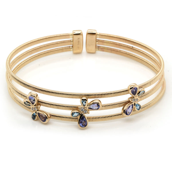 14k Gold Aquamarine & Tanzanite Butterfly Trio Flex Bangle Bracelet