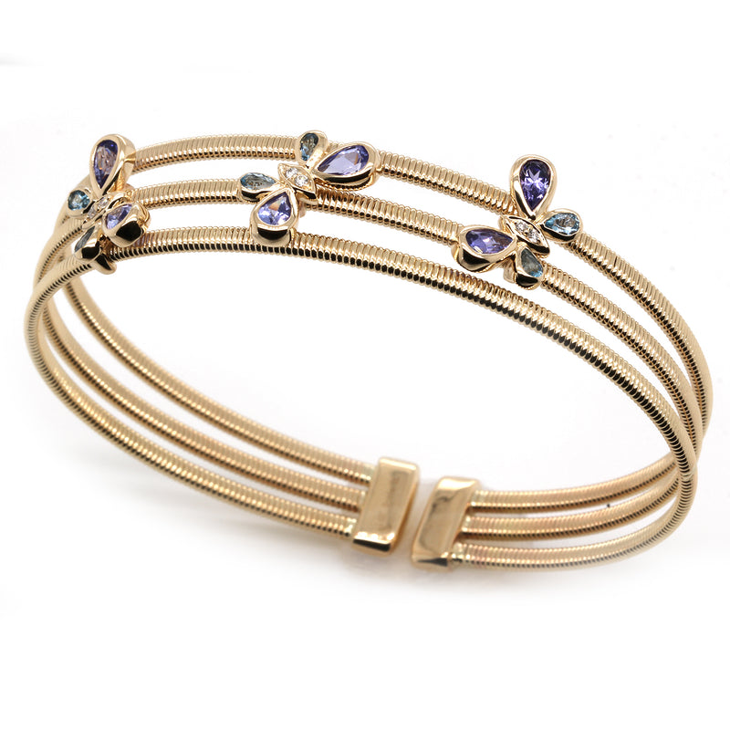 14k Gold Aquamarine & Tanzanite Butterfly Trio Flex Bangle Bracelet