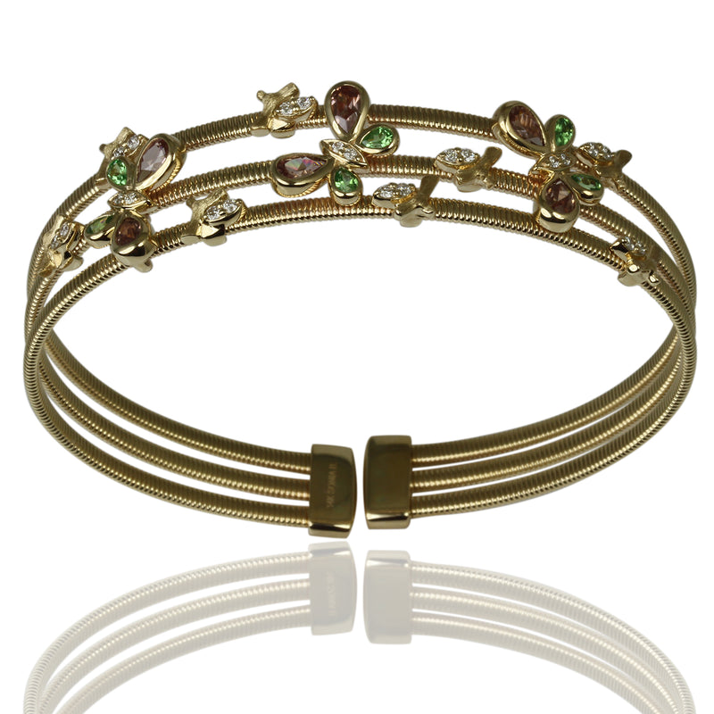 14k Gold Gemstone & Diamond Butterfly 3-Row Bangle Bracelet