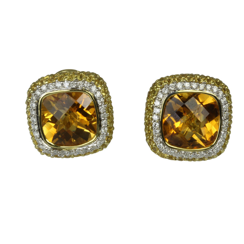 18k Gold Cushion Cut Citrine Stud Earrings