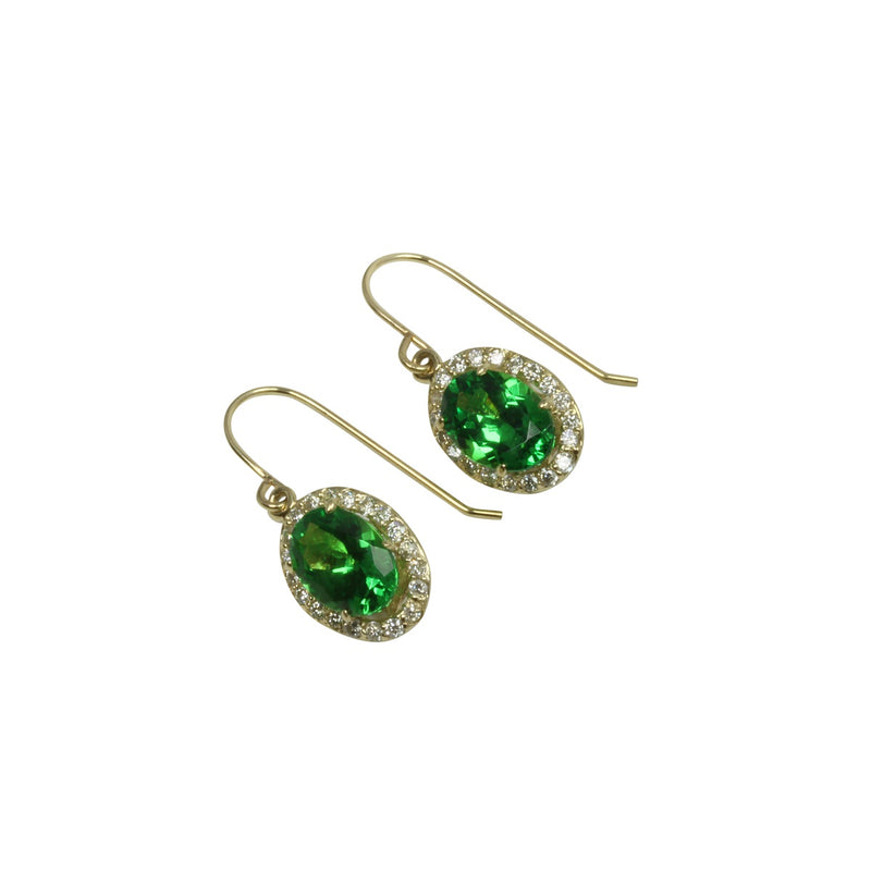 14k Gold Tsavorite & Diamond Oval Dangle Earrings