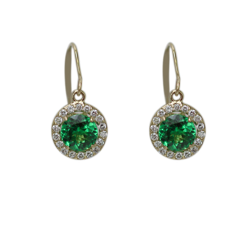 14k Gold Tsavorite & Diamond Round Dangle Earrings