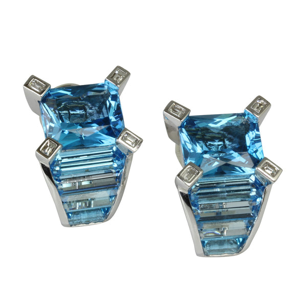 18k Gold 7/8'' Blue Topaz & Diamond Earrings