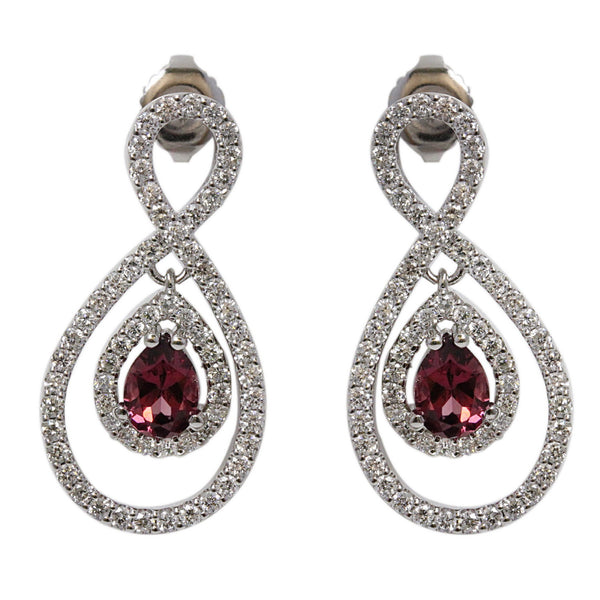 18k Gold 1 1/8'' Raspberrry Rhodolite & Diamond Figure Eight Earrings