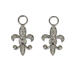 18k White Gold 7/8'' Fleur De Lis Diamond Charm & Earrings