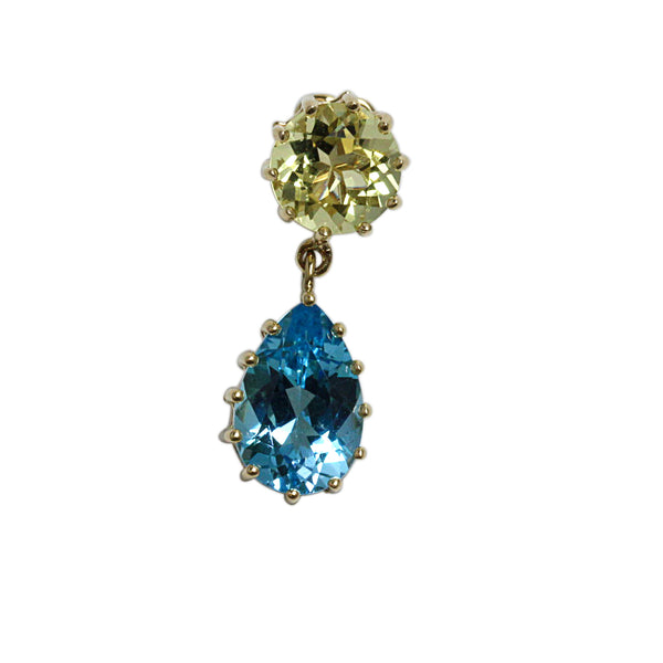 14k Gold Lemon Quartz & Blue Topaz Dangle Earrings