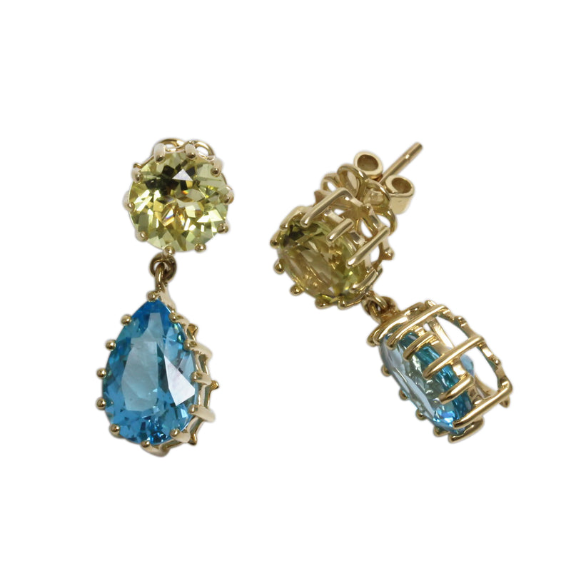 14k Gold Lemon Quartz & Blue Topaz Dangle Earrings