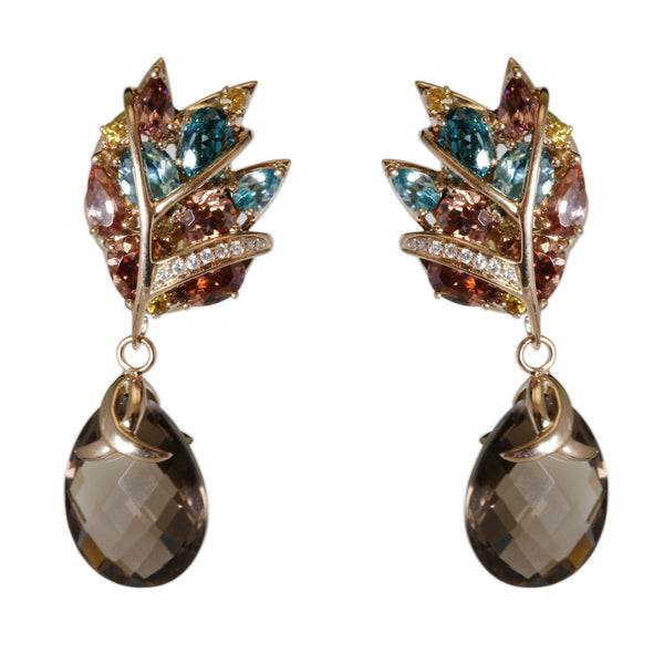 18k Gold Multi Gemstone Feather Earrings