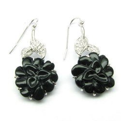 14k Gold 1 3/8'' Black Onyx Flower & Diamond Earrings