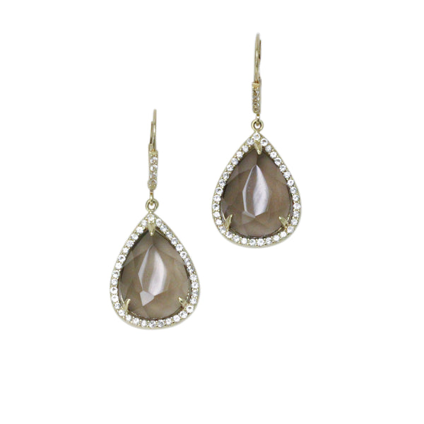 14k Gold Cabochon Smoky Quartz & White Topaz Earrings