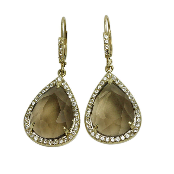 14k Gold Cabochon Smoky Quartz & White Topaz Earrings