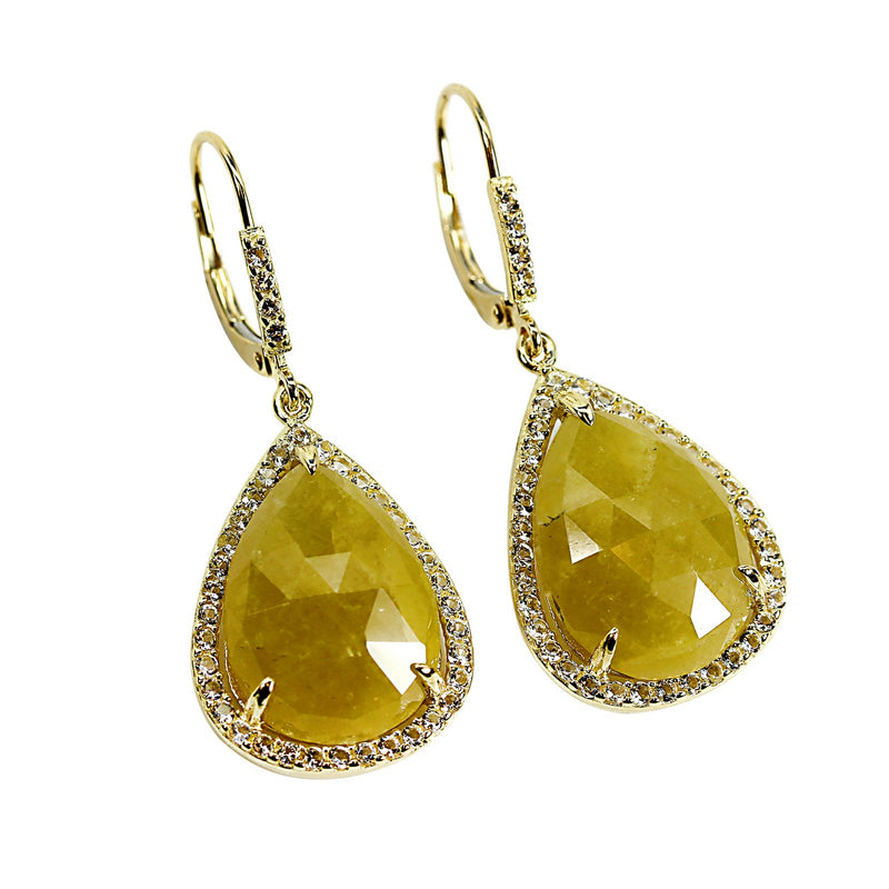 14k Gold Checkerboard Yellow Sapphire & White Topaz Earrings