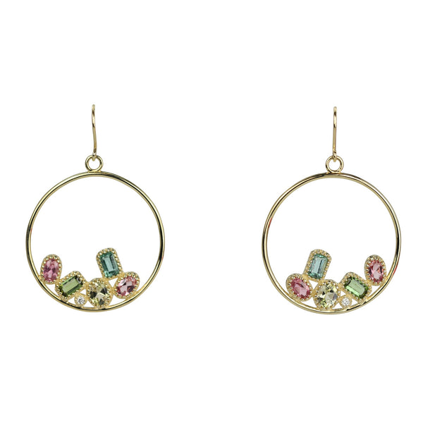 14k Gold Multi-tourmaline Circle Hoop Earrings