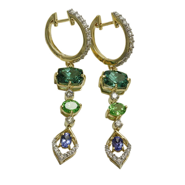 14k Gold Multi Gemstone & Diamond Dangle Earrings