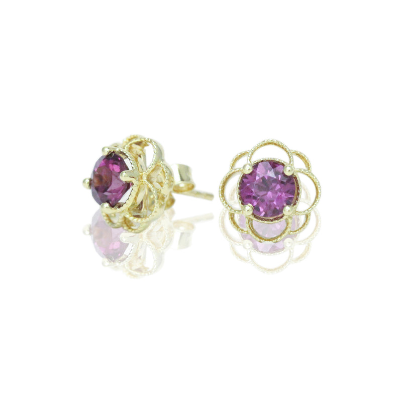 14k Gold 6mm Round Purple Garnet Petal Earrings