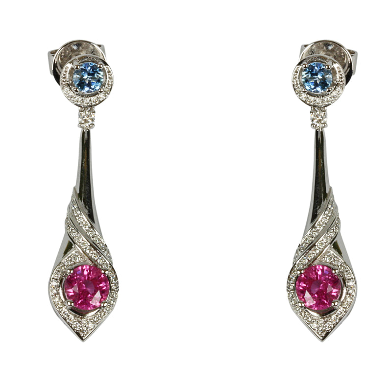 14k Gold Pink Sapphire, Aquamarine, & Diamond Earring