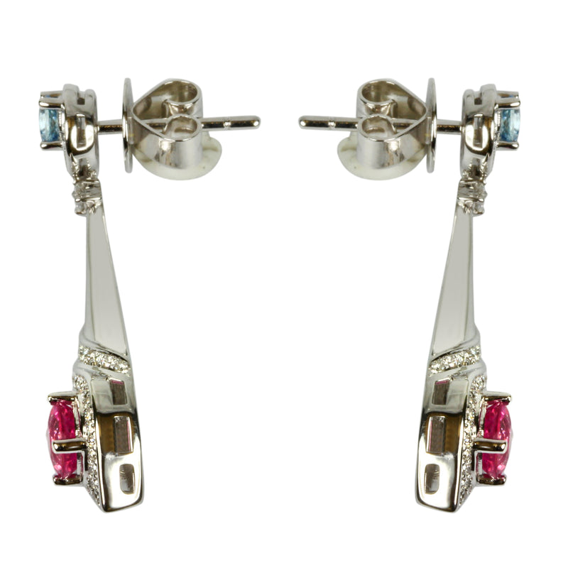 14k Gold Pink Sapphire, Aquamarine, & Diamond Earring