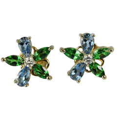 14k Gold Aquamarine & Tsavorite Flower Earrings