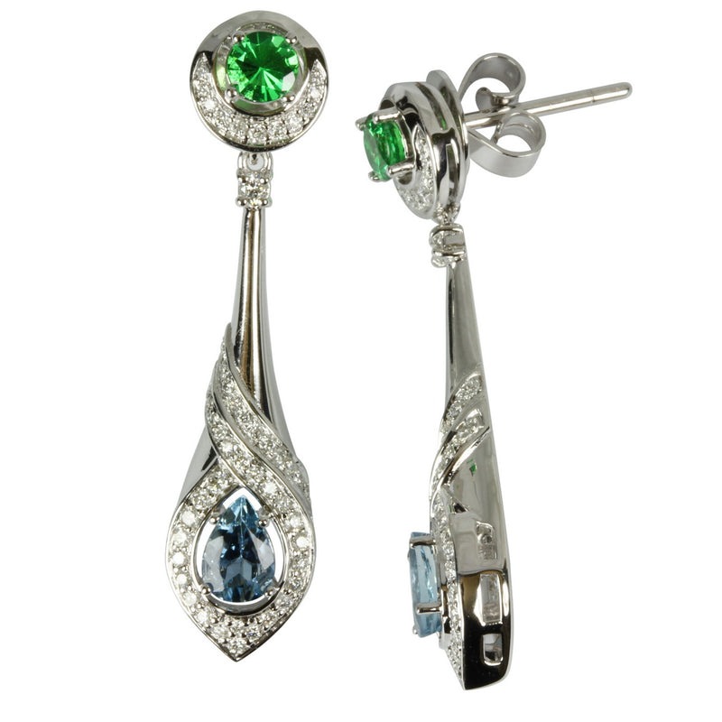 14k Gold Aquamarine & Tsavorite Drop Earrings