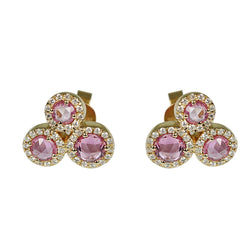 14k Gold Rose Cut Pink Sapphire & Diamond Cluster Earrings