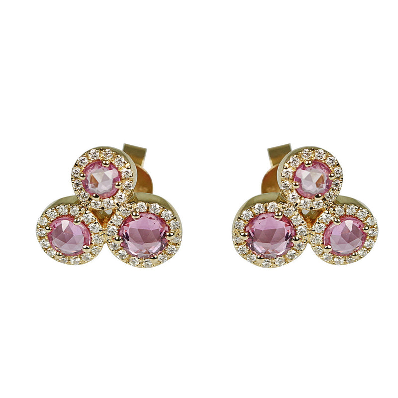 14k Gold Rose Cut Pink Sapphire & Diamond Cluster Earrings