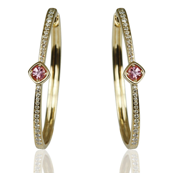 14k Gold Pink Sapphire & Diamond Hoop Earrings