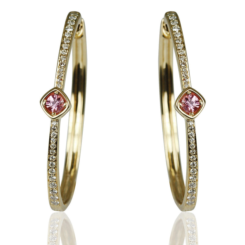 14k Gold Pink Sapphire & Diamond Hoop Earrings