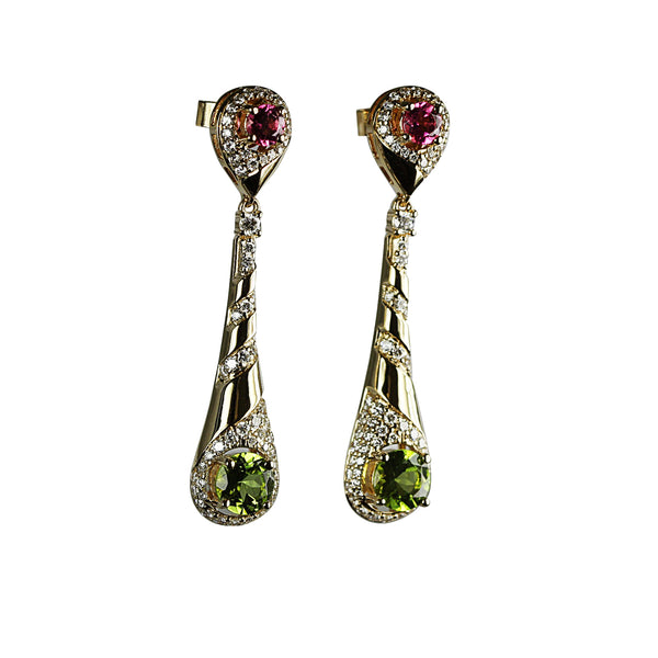 14k Gold Peridot, Pink Tourmaline, & Diamond Earrings