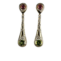 14k Gold Peridot, Pink Tourmaline, & Diamond Earrings