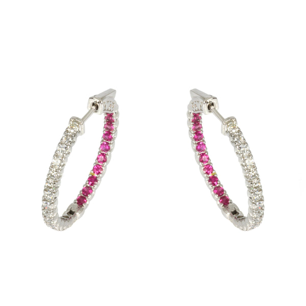 14k Gold Pink Sapphire & Diamond Inside Out Hoop Earrings