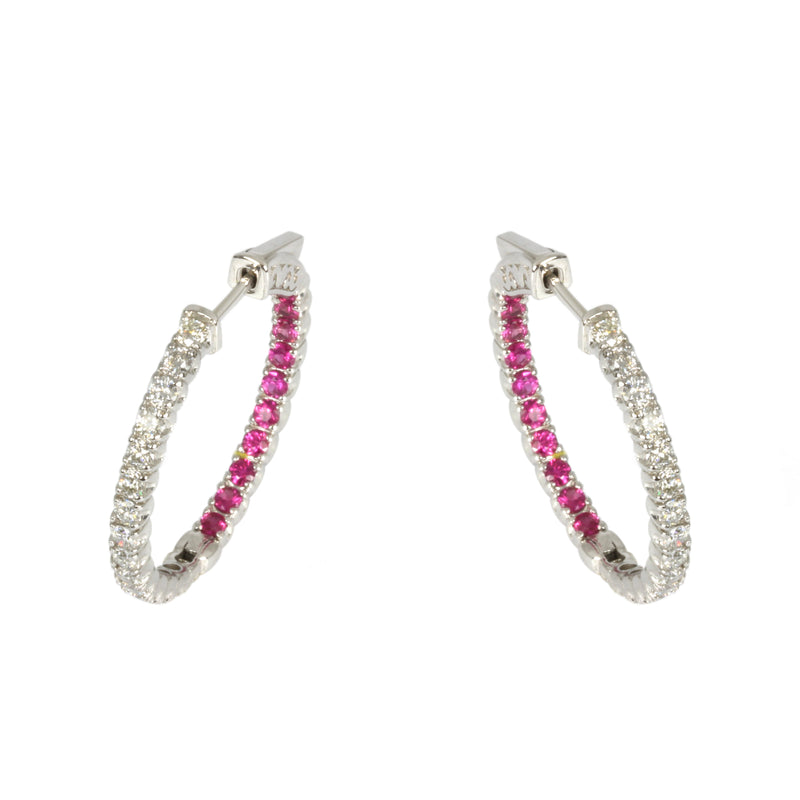 14k Gold Pink Sapphire & Diamond Inside Out Hoop Earrings