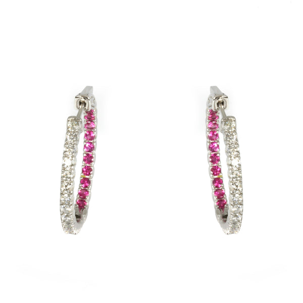 14k Gold Pink Sapphire & Diamond Inside Out Hoop Earrings