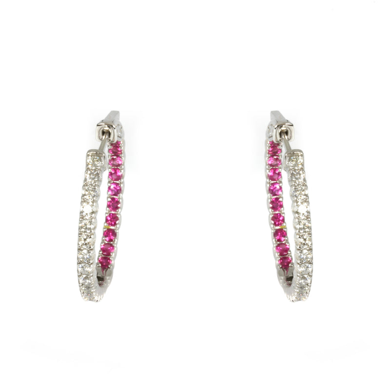 14k Gold Pink Sapphire & Diamond Inside Out Hoop Earrings