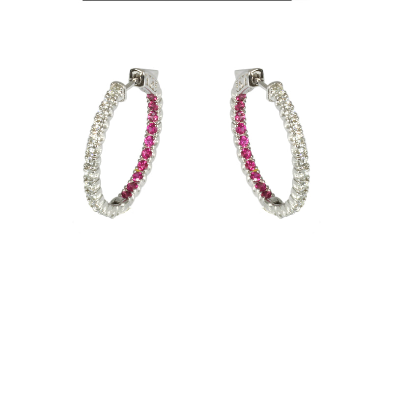 14k Gold Pink Sapphire & Diamond Inside Out Hoop Earrings