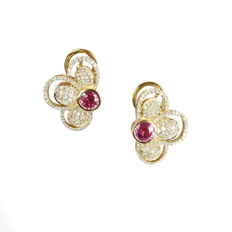 14k Gold Pink Sapphire & Diamond Half Flower Earrings