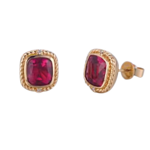 14k Rope Wrapped Cushion Rubellite Stud Earrings